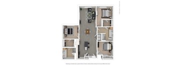 A floor plan of a two-story apartment with a living room, kitchen, and bedrooms.