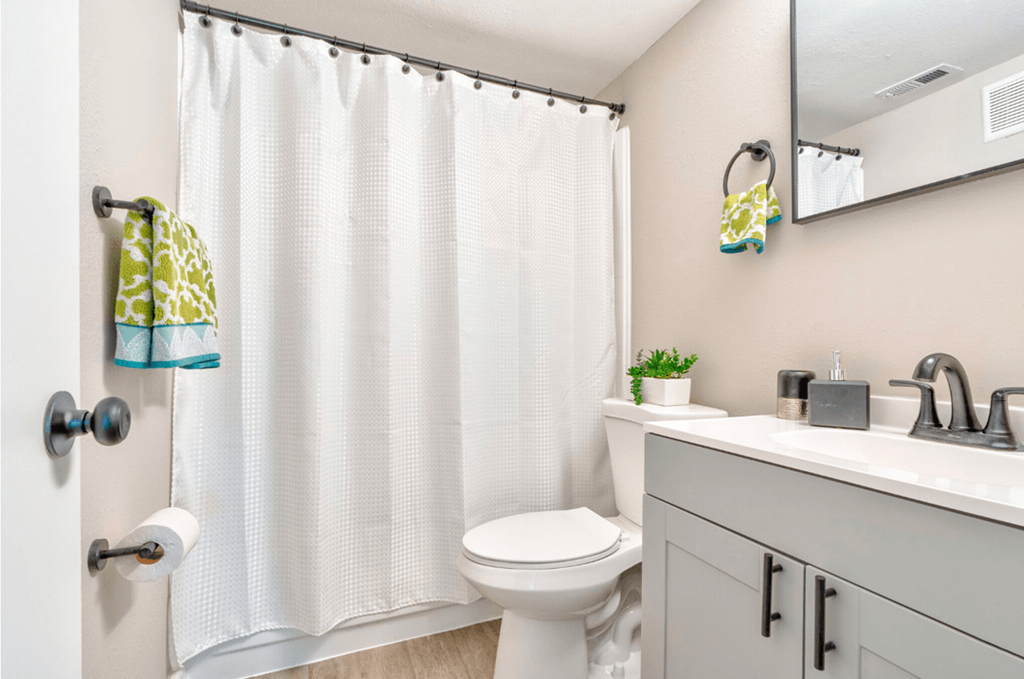 a bathroom with a shower and a toilet and a sink