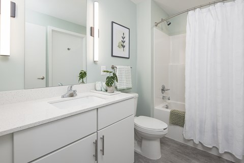 A white bathroom with a toilet, sink, and shower.