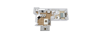 A top-down view of a house layout with a kitchen, living room, and dining area.