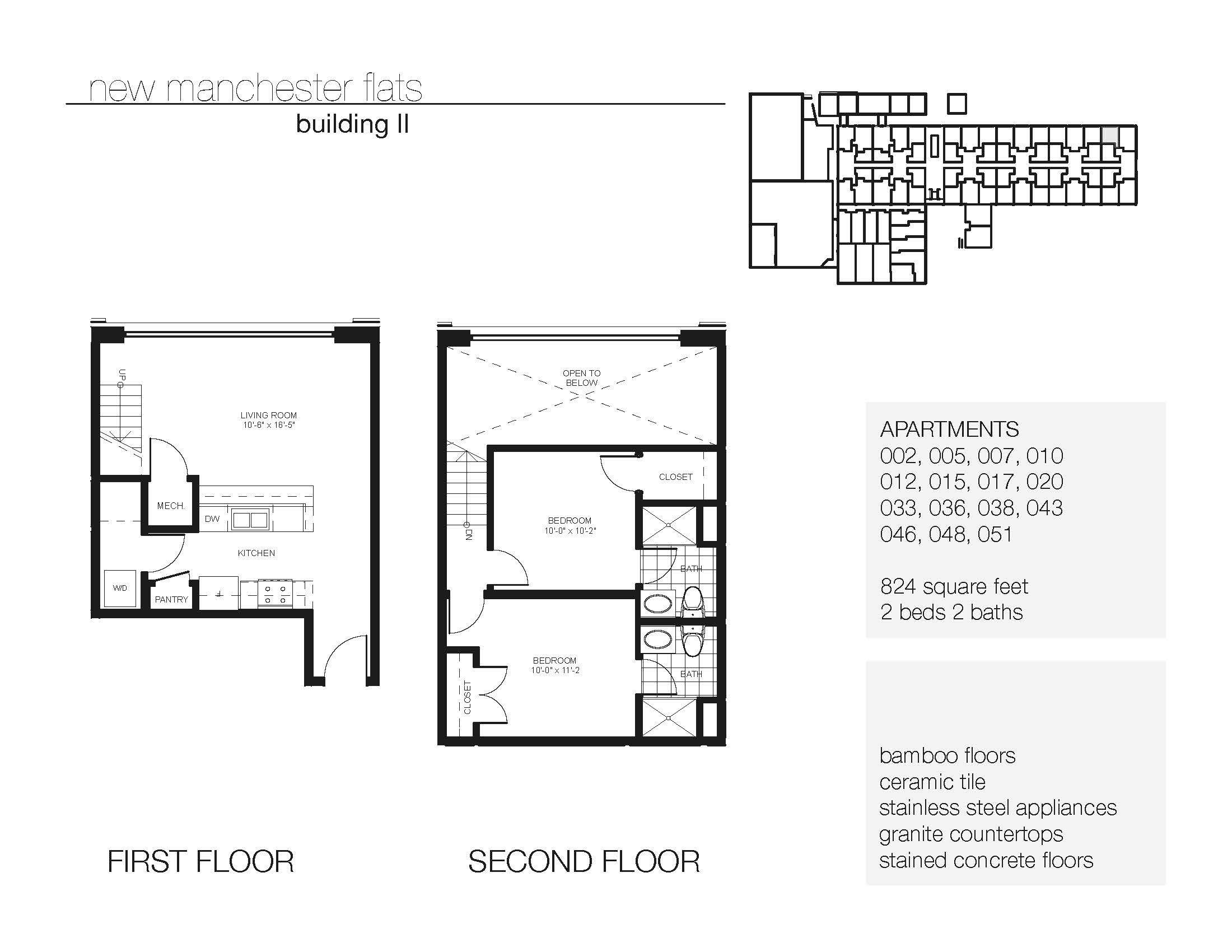 A floor plan for the New Manchester flats Building II, showing the first and second floors.