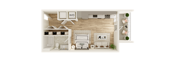 a 3d rendering of a bedroom with a wood floor