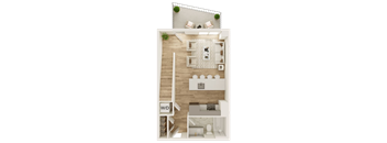a 3d rendering of a bedroom with a bathroom and a living room