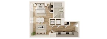 a 3d rendering of a furnished apartment with a bedroom and living room