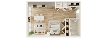arial view of the living room of a 1 bedroom apartment