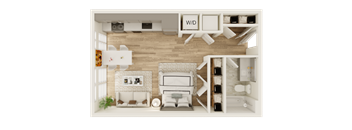 a rendering of a 1 bedroom floor plan with a living room and a dining room