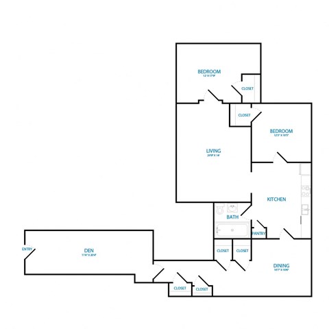 A floor plan of a house with two bedrooms, a living room, a kitchen, a bathroom, a den, and a dining area.