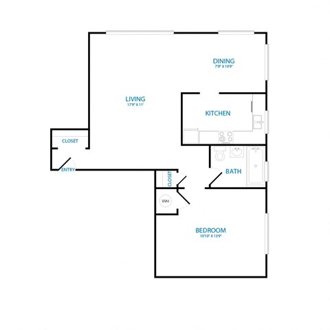 A floor plan of a house with a living room, kitchen, dining room, bathroom and bedroom.