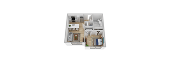 A top down view of a small apartment with a living room, kitchen, and bedroom.