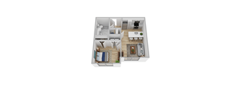 A top down view of a modern apartment with a living room, kitchen, and dining area.