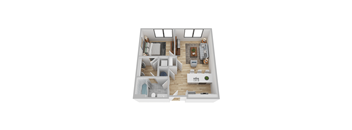A 3D floor plan of a house with a kitchen, living room, and bathroom.