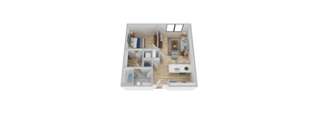 A top-down view of a small apartment with a kitchen, living room, and bathroom.