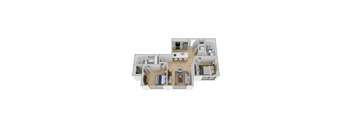 A 3D floor plan of a house with a kitchen, living room, and bedrooms.