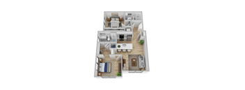 A 3D floor plan of a house with a kitchen, living room, and two bedrooms.