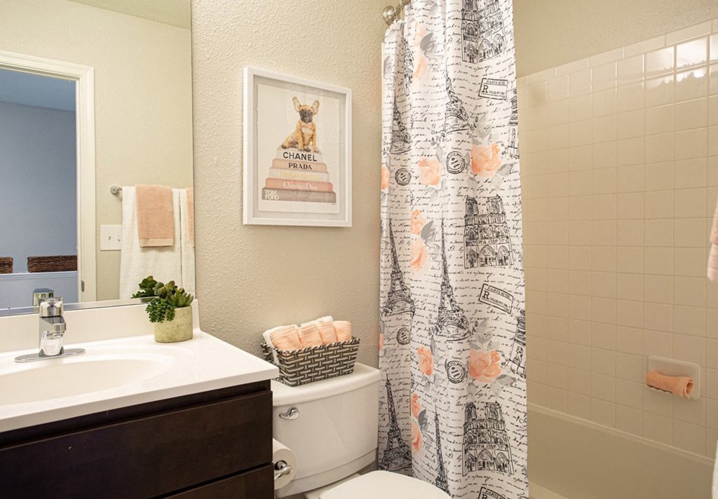 a bathroom with a shower curtain and a toilet and a sink
