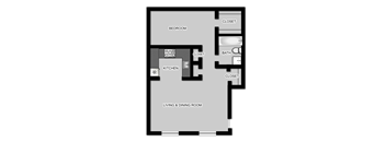 the floor plan of a small room with a bedroom and a living and dining room