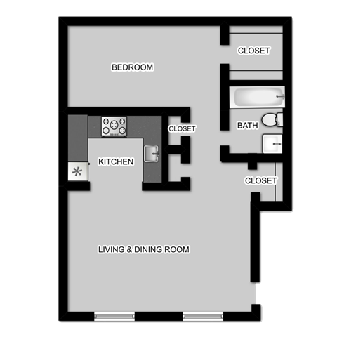 the floor plan of a small room with a bedroom and a living and dining room