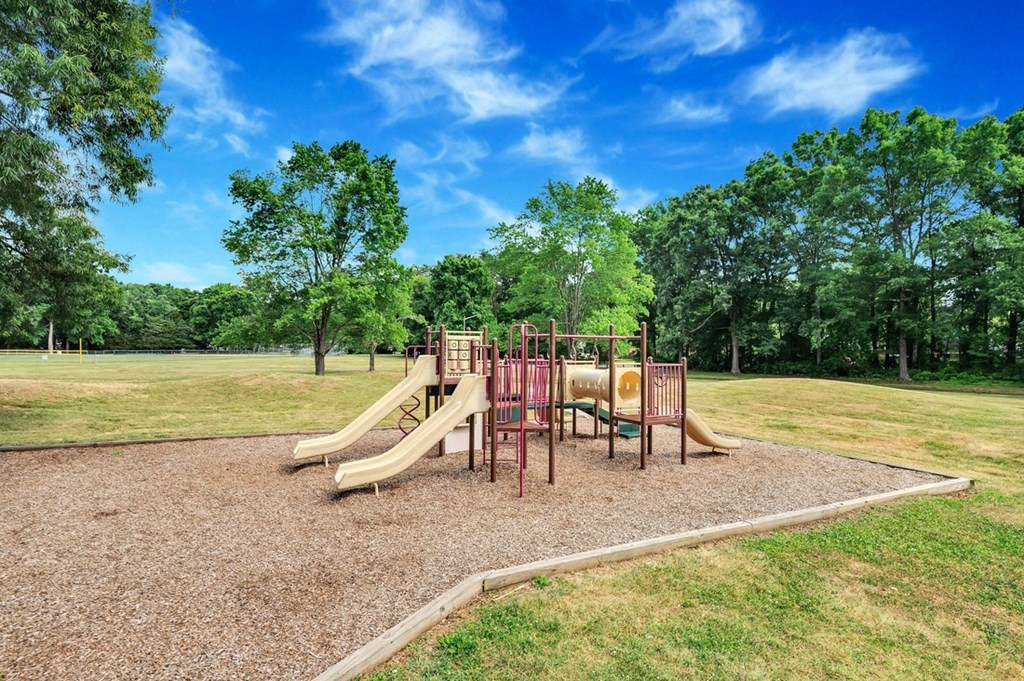 a playground in a park with trees in the background