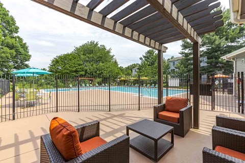 A patio with a pool in the background and a black table and chairs.