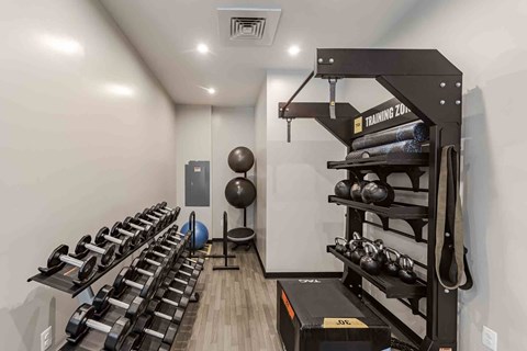 A gym room with a row of weight racks and a ball.