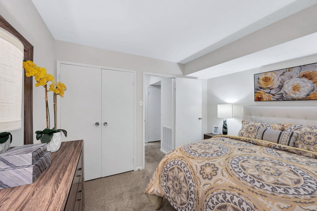 a bedroom with a bed and a dresser