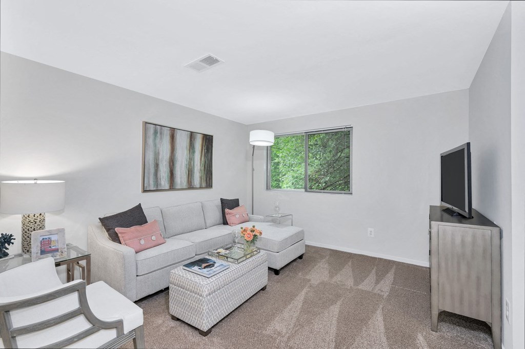a living room with white walls and beige carpet