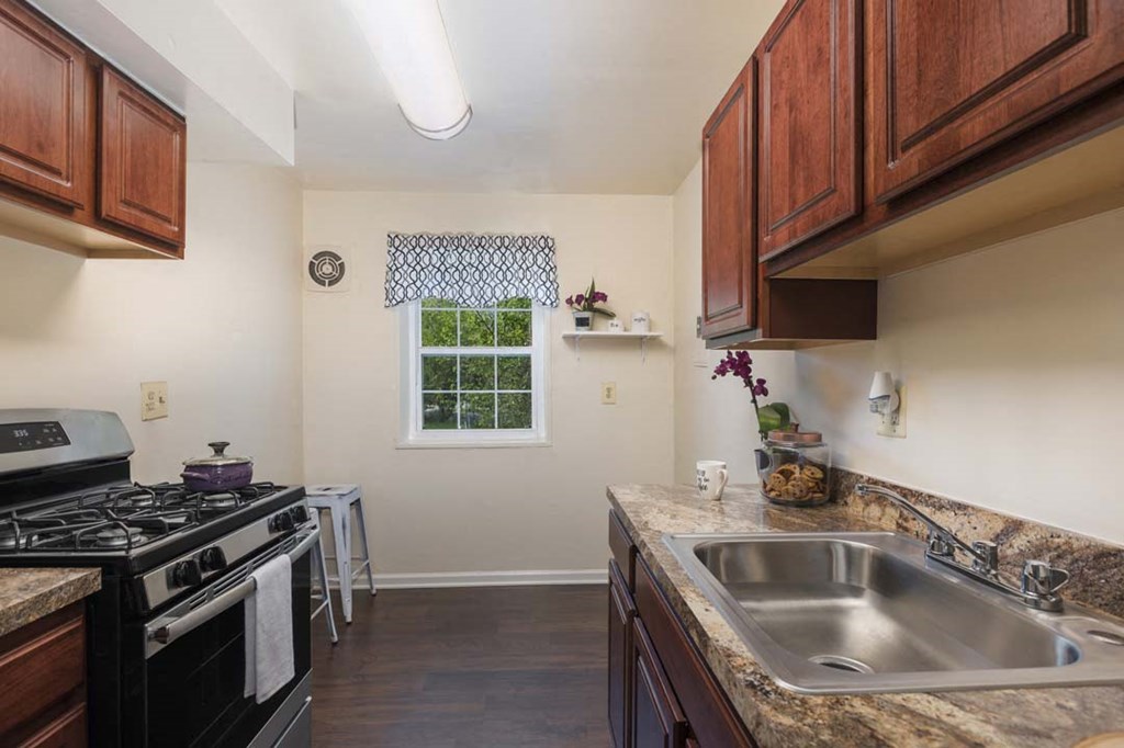a kitchen with a stove and a sink