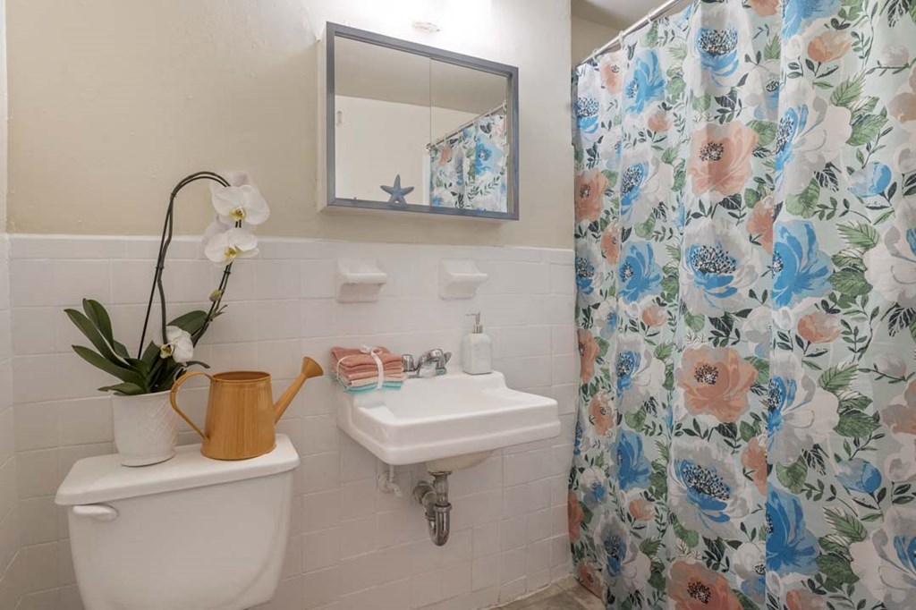 a bathroom with a shower curtain and a toilet and a sink