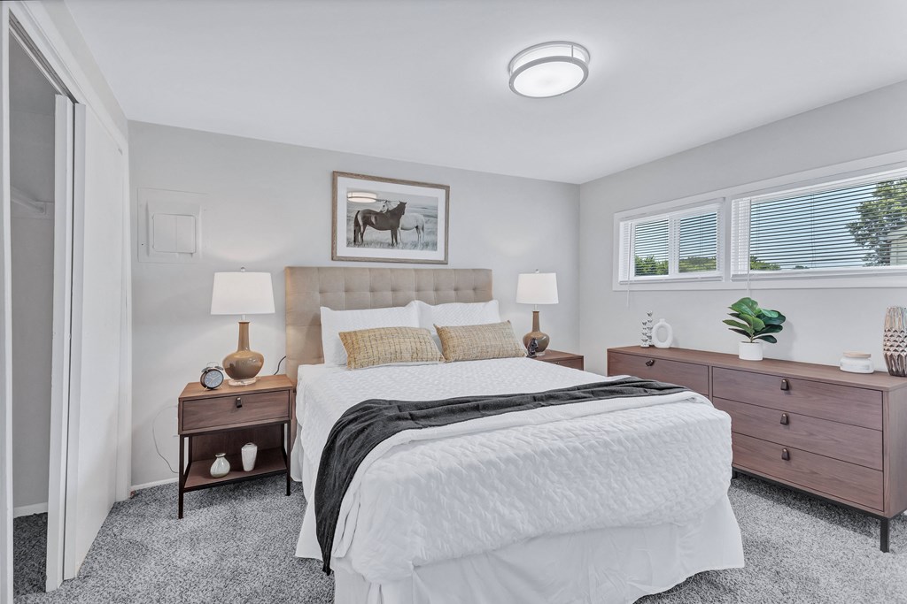 a bedroom with a bed and two dressers