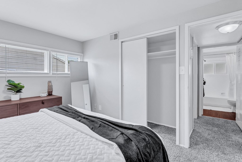 a bedroom with a large bed and a closet