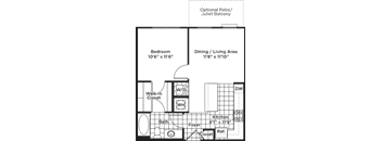 A floor plan of a house with a bedroom, dining/living area, bath, kitchen, and closets.