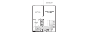 A floor plan of a house with a bedroom, dining/living area, kitchen, and bath.