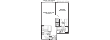 A floor plan of an optional Juliet balcony with a dining/living area, kitchen, bath, and bedroom.