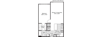 A floor plan of a house with a bedroom, dining/living area, kitchen, and bath.