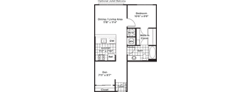 A floor plan of an optional Juliet balcony with a dining/living area, kitchen, bath, and bedroom.