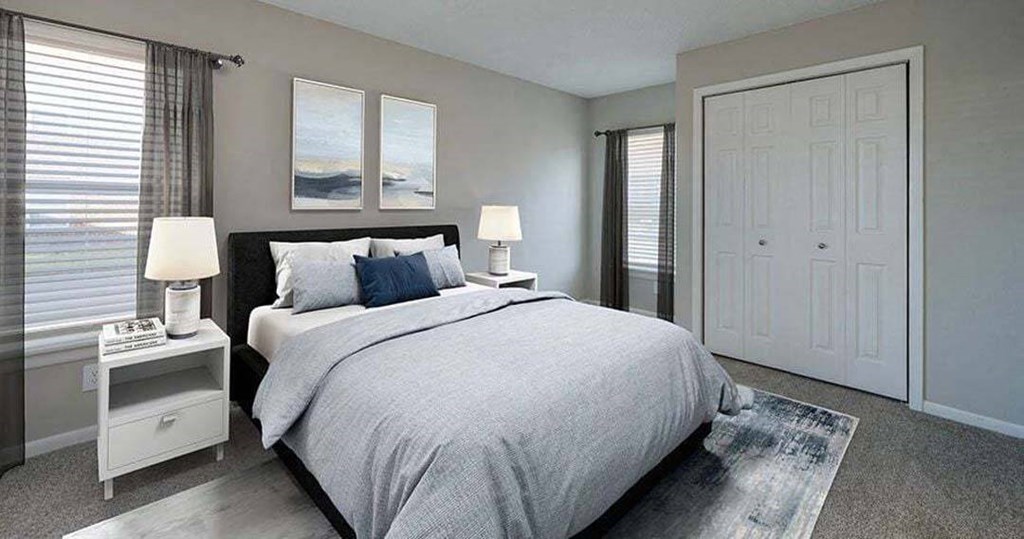 a bedroom with a bed and a closet