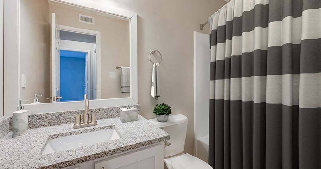 a bathroom with a black and white shower curtain
