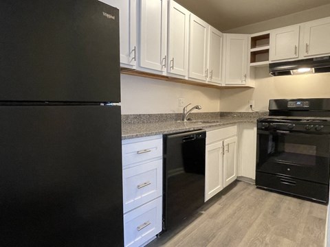 A black fridge and oven in a kitchen with white cabinets.