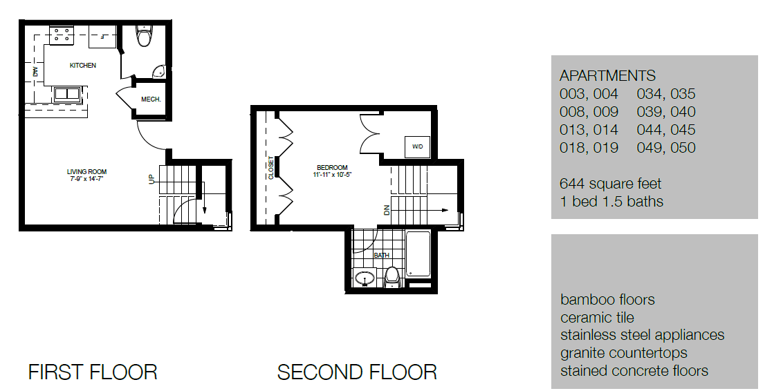 A floor plan of an apartment with two bedrooms and two bathrooms.