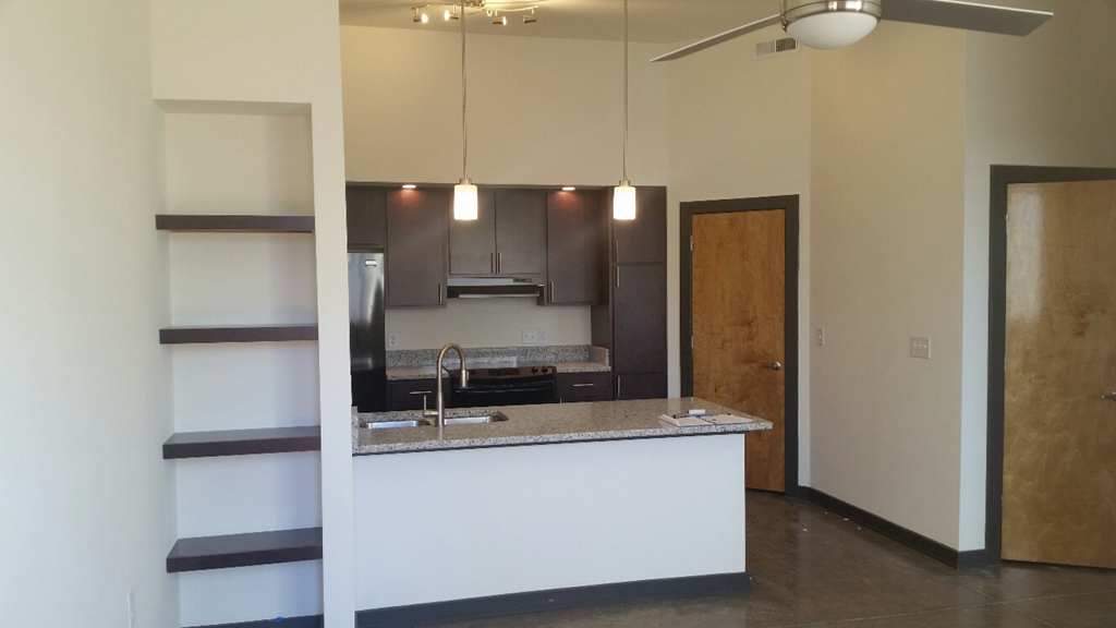 a view of the kitchen from the living room