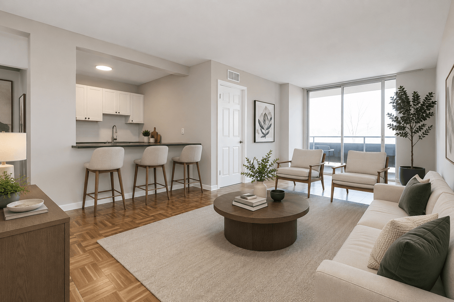 A living room with a white couch, a coffee table, and a dining area in the background.