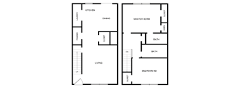 A floor plan of a house with two bedrooms, a living room, a kitchen, a dining room, a powder room, a laundry room, and a master bedroom closet.