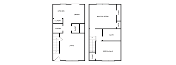 A floor plan of a house with two bedrooms, a living room, a kitchen, a bathroom, a powder room, and a laundry area.