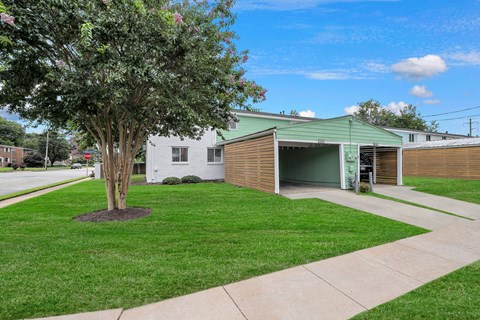 A tree in a yard in front of a white house and a garage.