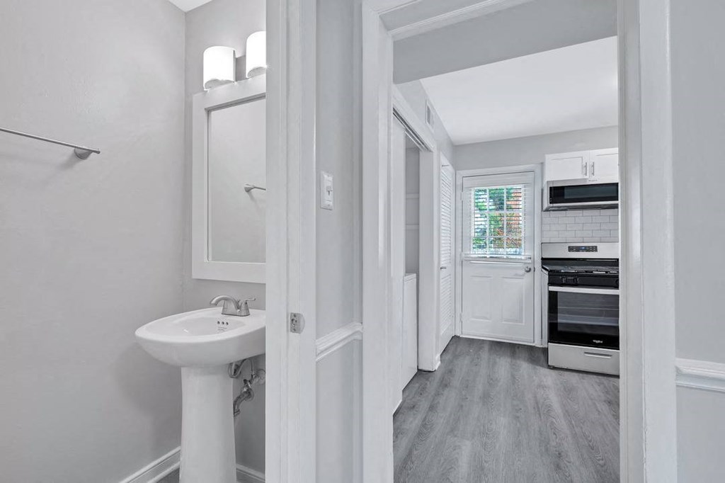 a bathroom with a sink and a mirror