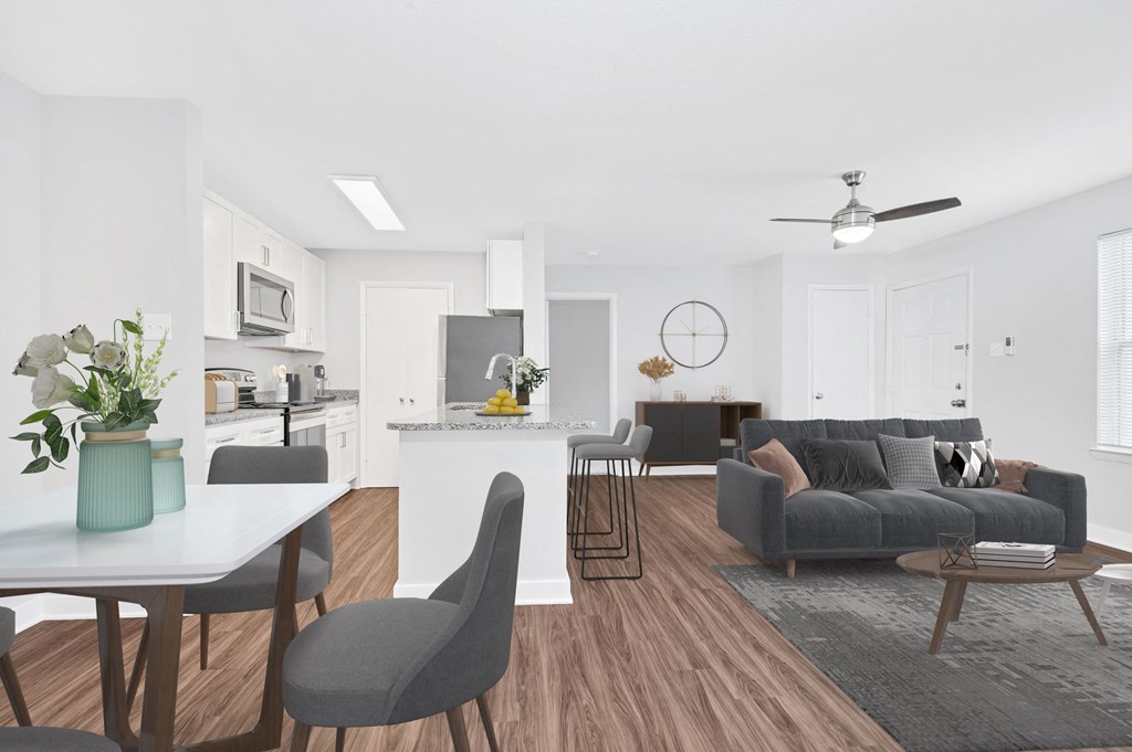 a living room with a couch and a table