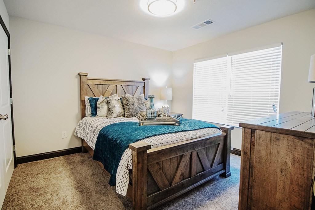 a bedroom with a bed and a dresser and a window