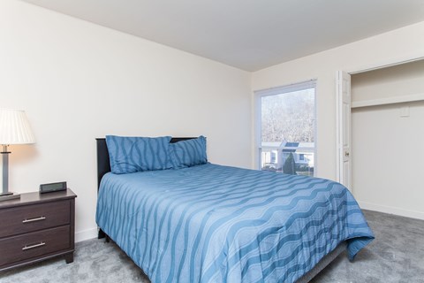 a bedroom with a bed and a window