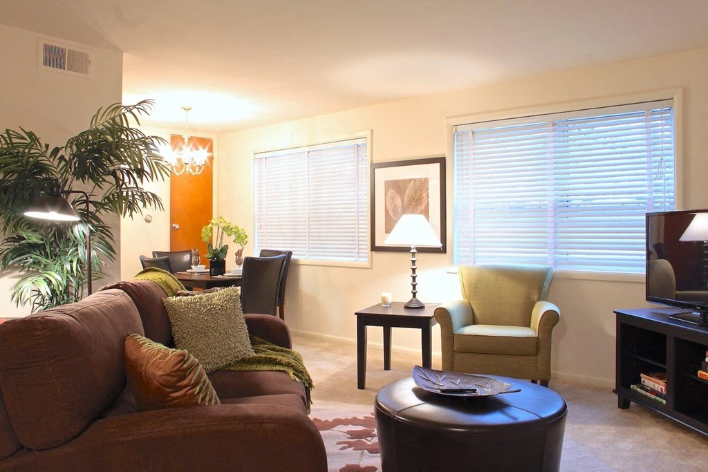 a living room with a couch chair and television
