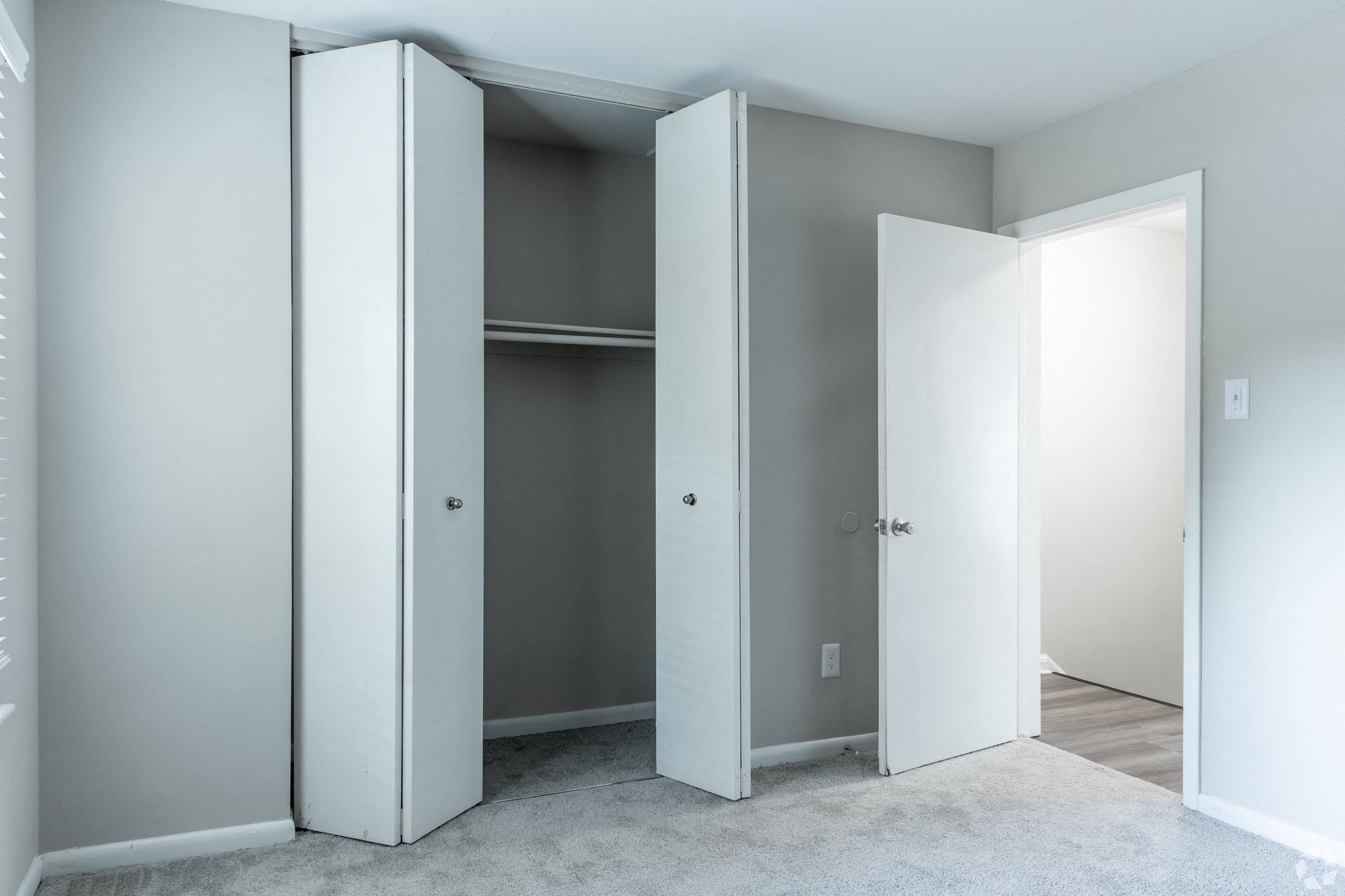 an open closet in a room with white doors